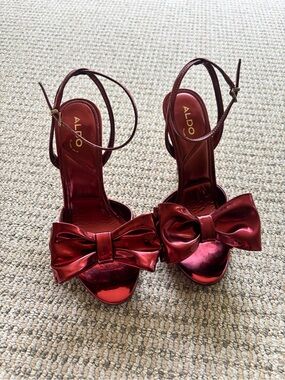 ALDO Metallic Red Bow Ankle-Strap Heels